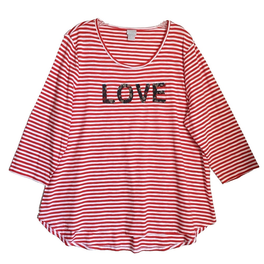 Chicos Tunic Top XL Red Striped Round Neck Long Sleeve Beaded Love Coastal - Picture 2 of 9